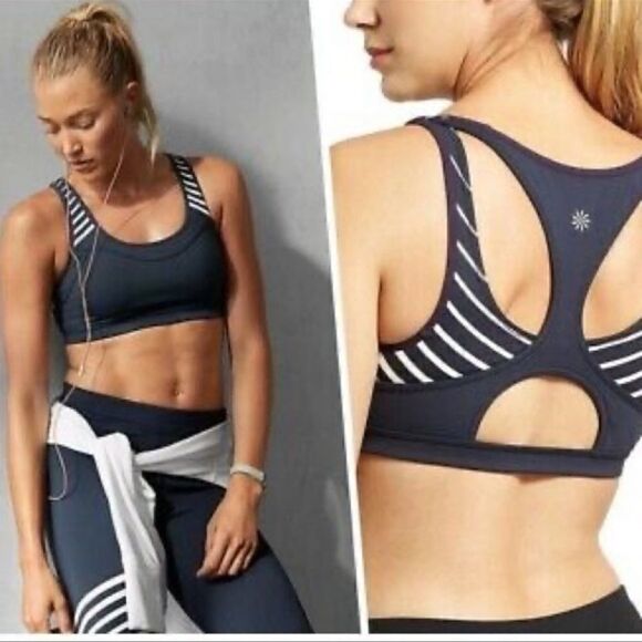 Athleta Gel Triple Dare Bra Blue White Stripe S - Picture 1 of 7